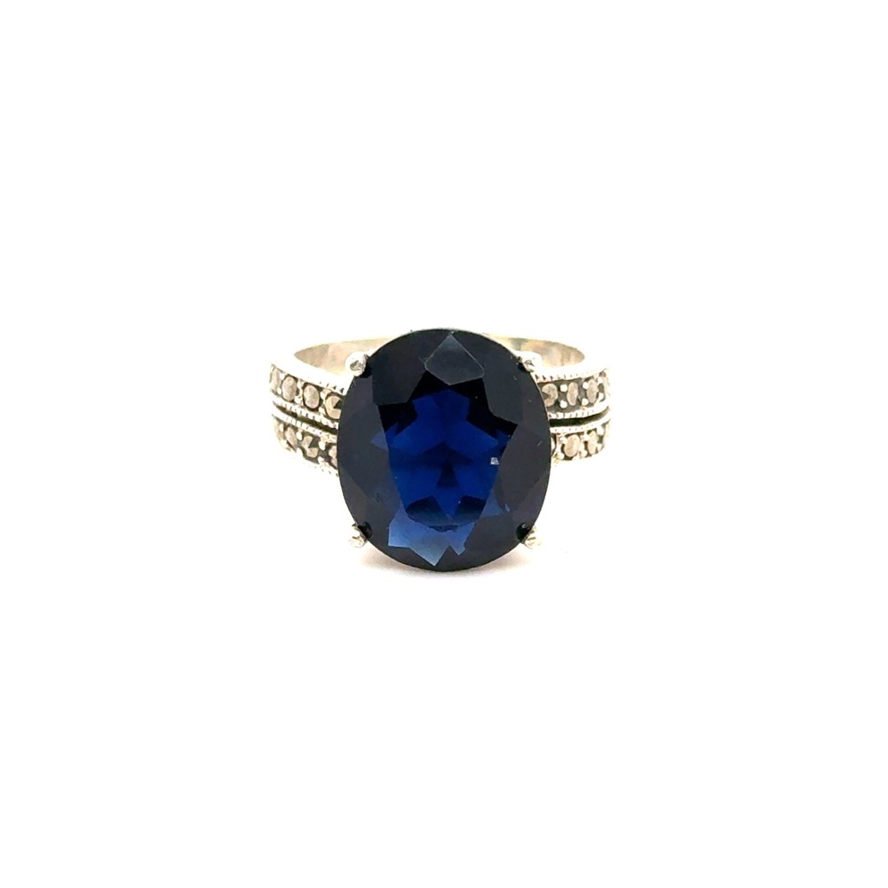 Sterling Silver Marcasite Oval Blue Stone Cocktail Ring Size 6.75 Vintage Style
